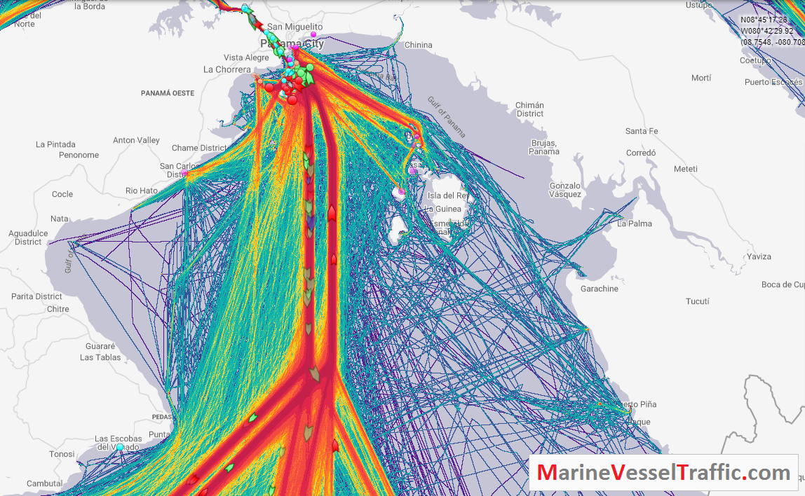 Live Marine Traffic, Density Map and Current Position of ships in GULF OF PANAMA 